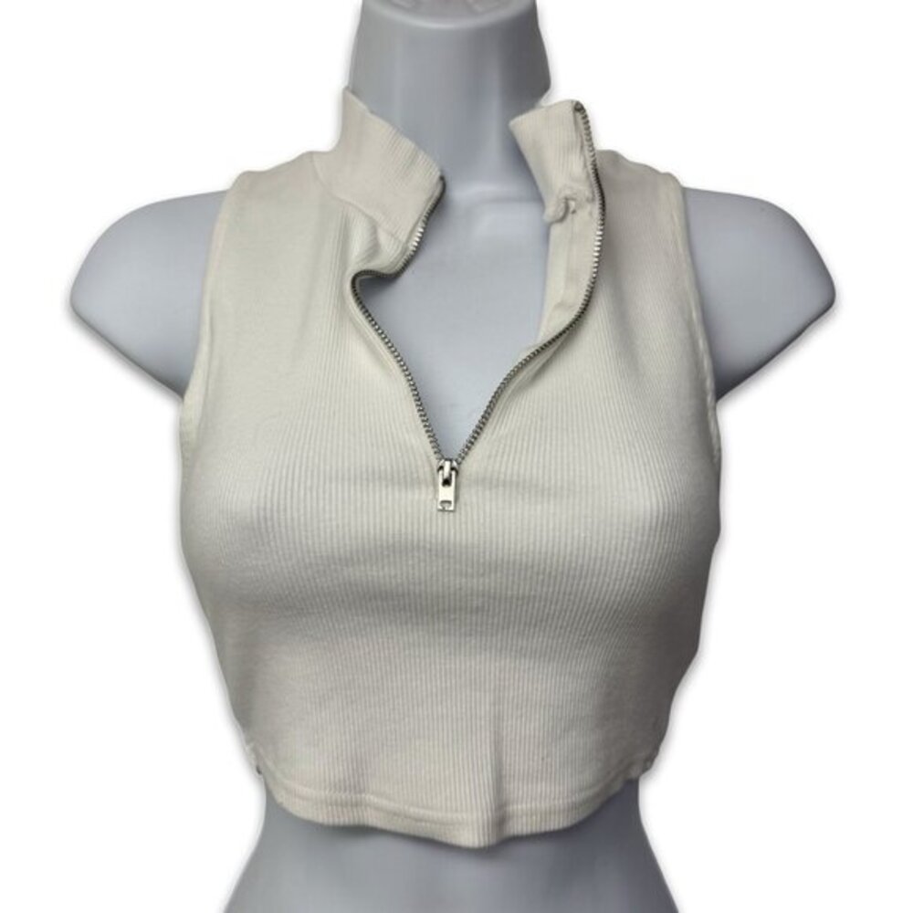 Zara y2k White Ribbed Fitted Crop Top wtih Zipper and Mock Turtleneck - SMALL